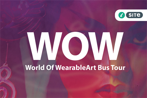 Wearable Arts performer covered with purple Hue. World of wearableart bus tour.