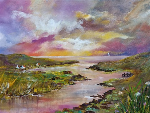 Multicoloured painting of a vibrant estuary.