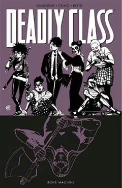Six of the main characters, with a man holding an axe below them.