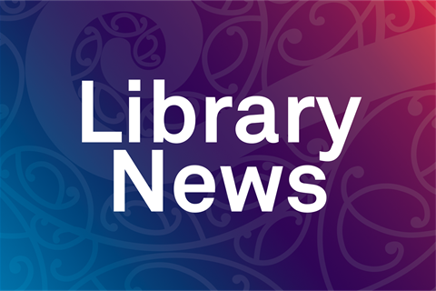 Library News on a blue, purple and red background