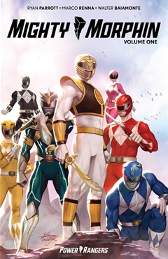 Seven power rangers standing with their weapons ready for action.