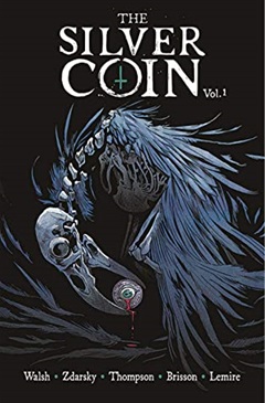 A partially feathered skeletal bird, holding a bleeding coin in its beak.