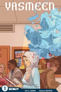A girl sitting in class, with scenes in blue playing above her head.