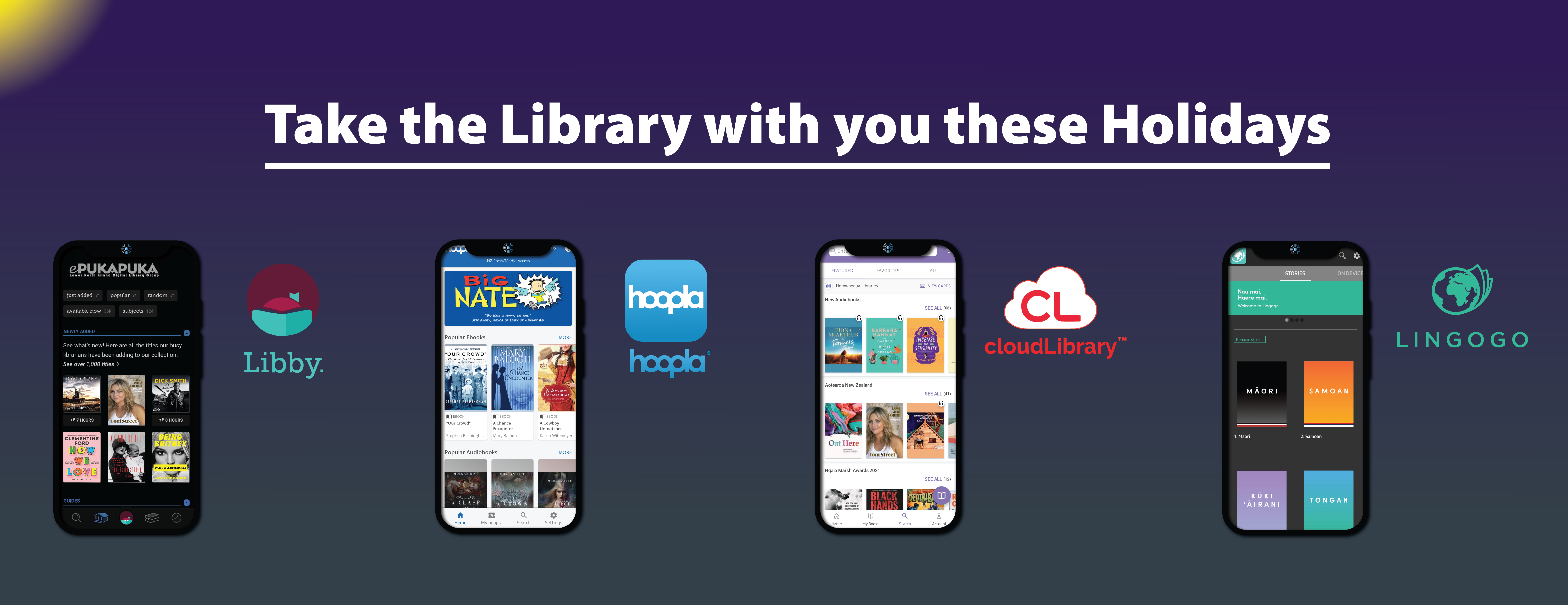 Four smartphones on top of a purple background showing the available ePlatforms in our eLibrary.
