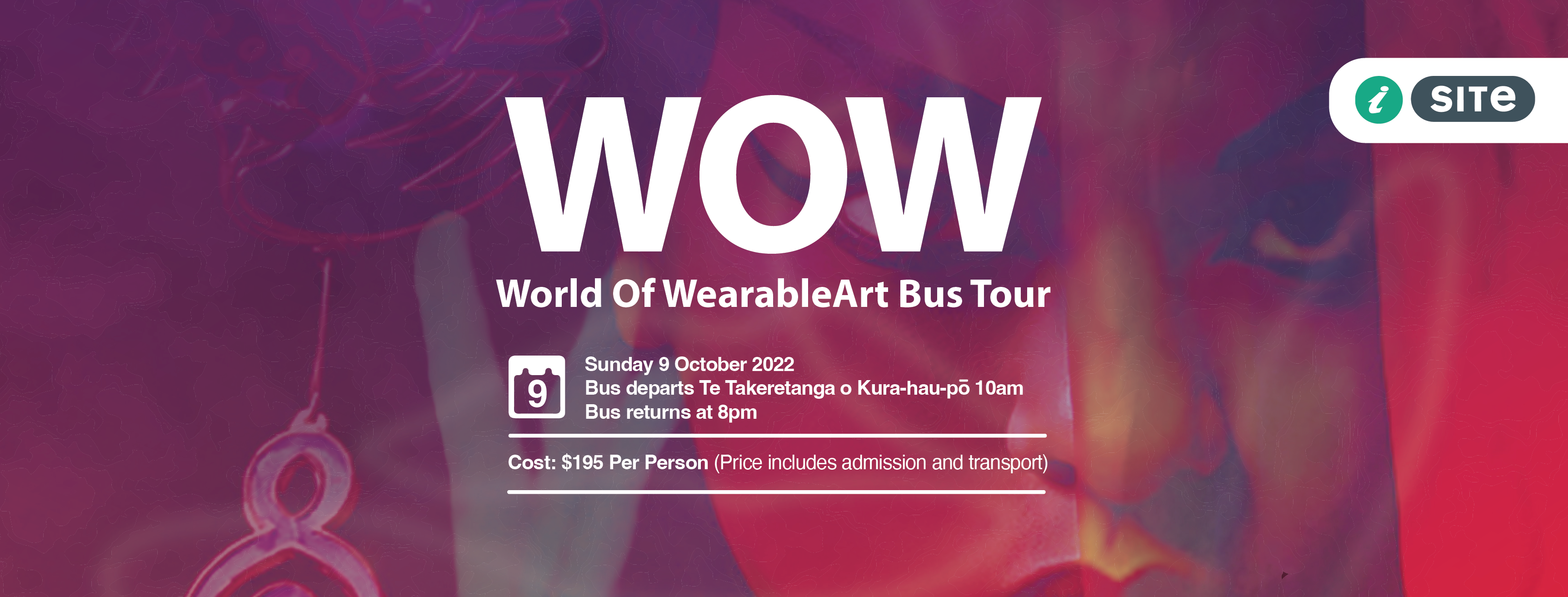 Wearable Art model with purple hue. World of WearableArt bus tour.