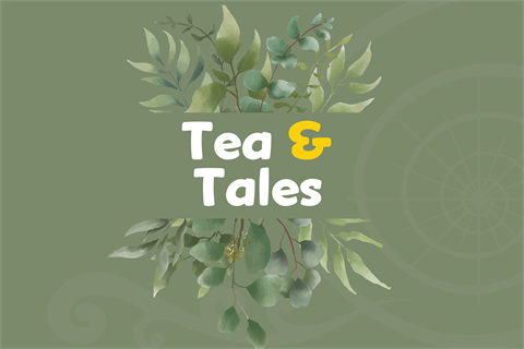 Tea and Tales wording amongst hand drawn leaves on a green background.