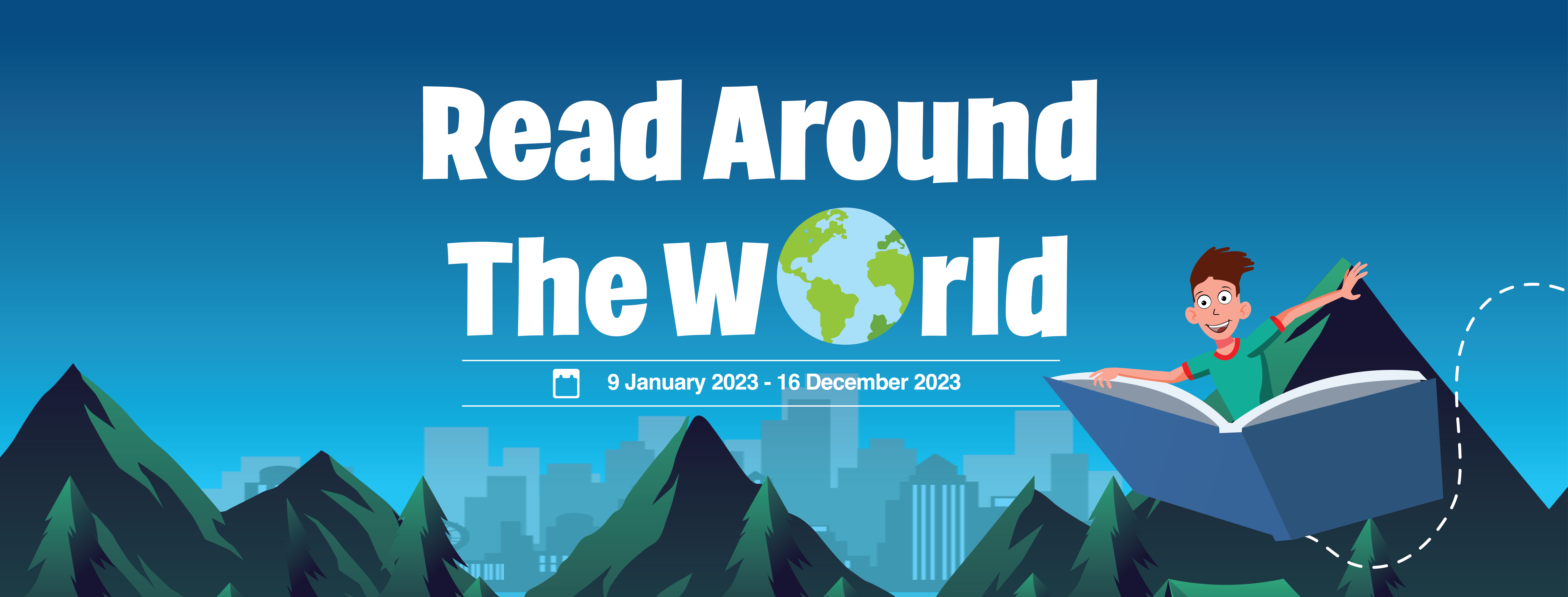 Read Around the World written against a blue sky and mountains, with a boy flying on a book.