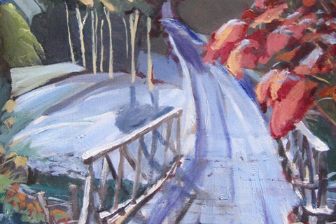 Expressionist colourful painting of a bridge through the hills by Audrey Garratt.