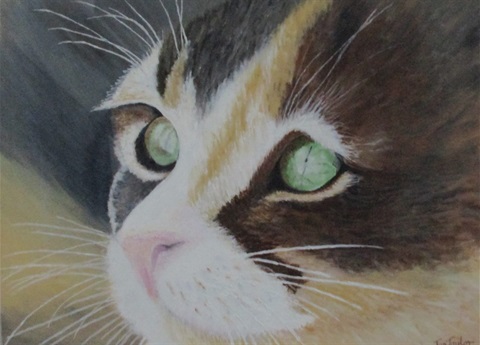 Brown, white and gold cat head painting.