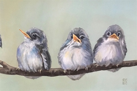 Three baby birds sitting on a thin tree branch.