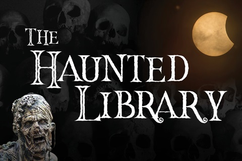 Zombie and full moon on a dark background reading The Haunted Library.
