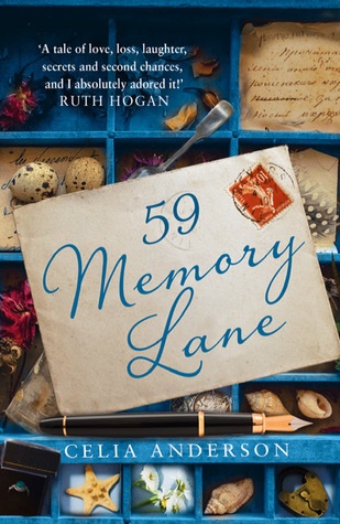 Book cover of blue shelves filled with items. 59 Memory Lane by Celia Anderson.