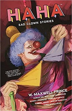 A clown pulling a rope of handkerchiefs from his mouth