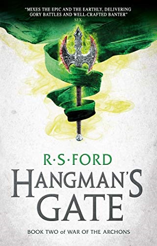 Book Cover, Double Headed Axe wrapped in green cloth. Hangman's Gate by R.S Ford.