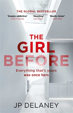 The title in red, a stark white hallway is in the background.