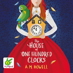 A young lady in a red dress holding a yellow house shaped clock with a green parrot on her shoulder.