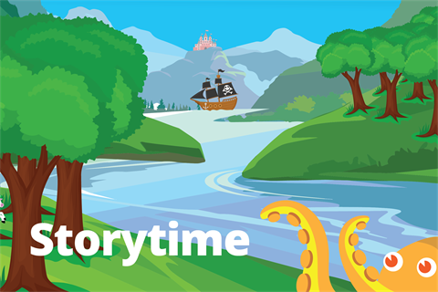 Octopus, unicorn, pirate ship and pink castle amongst valleys and mountains.