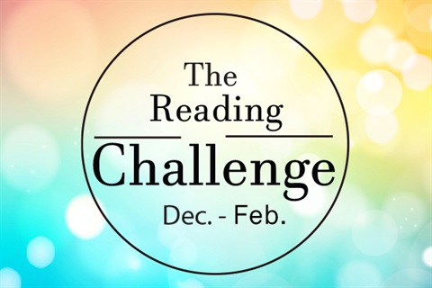 Light blue, yellow and red background with The Reading Challenge logo.